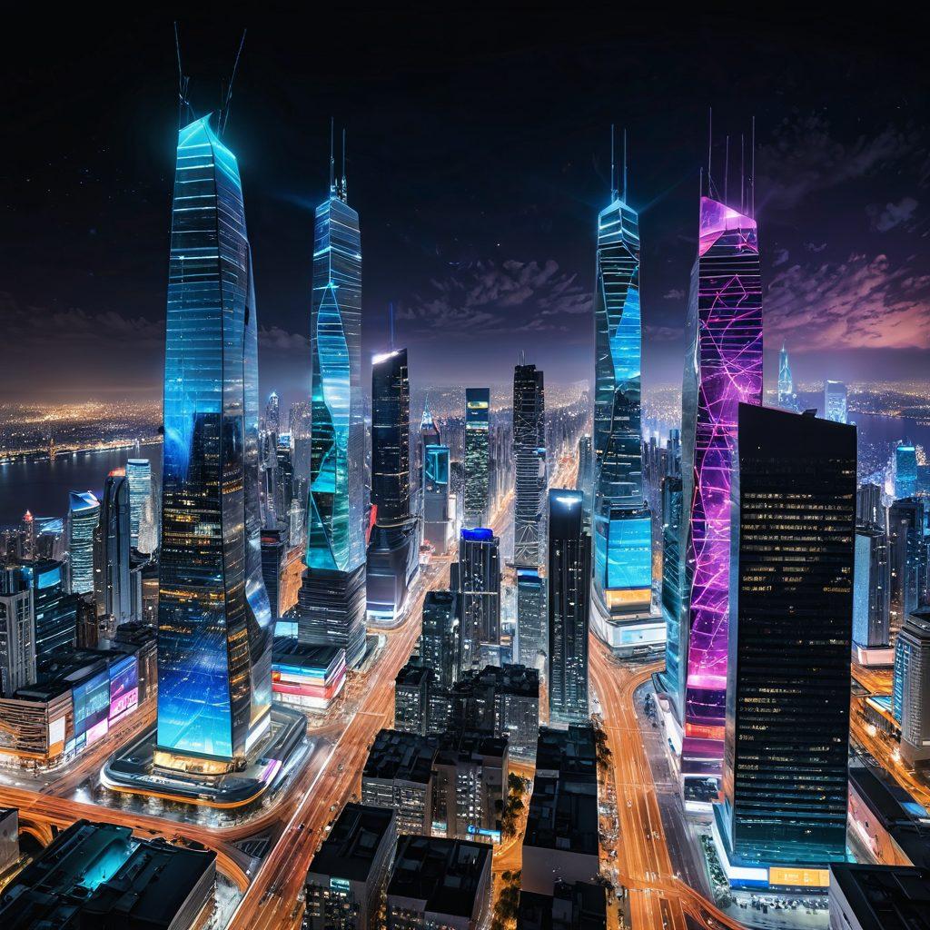 A futuristic cityscape with interconnected skyscrapers glowing with digital networks, symbolizing the omnipresence of internet and digital services. People are engaging with holographic interfaces and smart devices. The ComGlobo logo prominently displayed on a digital billboard. Super-realistic. Vibrant colors at night. High-tech feel.