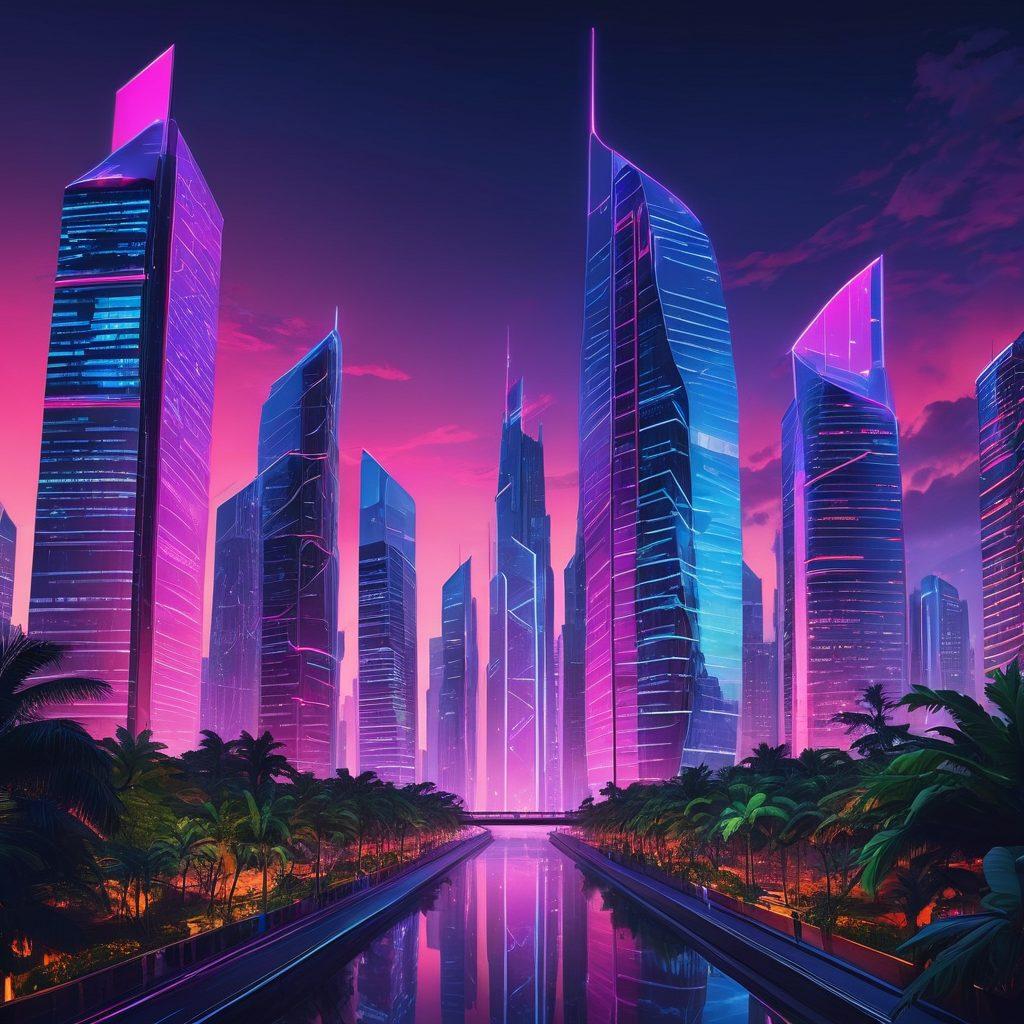 A futuristic city skyline glowing under a twilight sky, with cutting-edge websites displayed on holographic screens projected from sleek, modern devices. Merging skyscrapers and nature with flowing, innovative website designs intertwining them. Vector art, cyberpunk, vibrant colors.