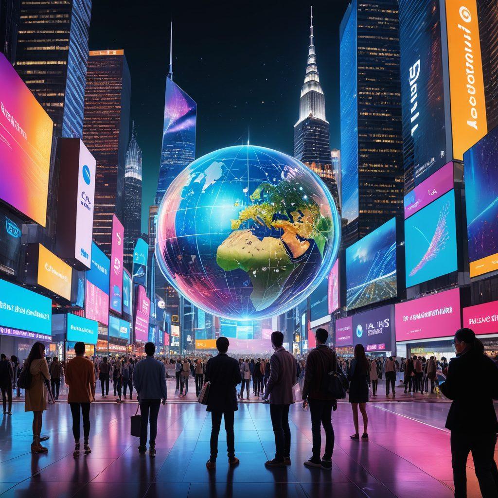 A futuristic cityscape with towering digital billboards and holographic interfaces. In the foreground, diverse people interact seamlessly with advanced web and digital services displayed through floating AR screens. The ComGlobo logo subtly integrated into the scene, symbolizing innovation. Ultra-modern design with sleek, glowing tech. super-realistic. vibrant colors. 3D.